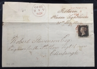 A VERY IMPORTANT PENNY BLACK (Pl.1a) on ENTIRE. Posted 3rd AUG1840,SALTCOATS, SCOTLAND.To: “ROBERT STEVENSON ESQ” Engineers,Northern Lighthouses, Edinburgh.(Grandfather of Robert Louis Stevenson)