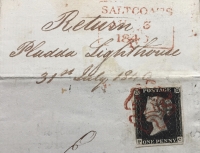 A VERY IMPORTANT PENNY BLACK (Pl.1a) on ENTIRE. Posted 3rd AUG1840,SALTCOATS, SCOTLAND.To: “ROBERT STEVENSON ESQ” Engineers,Northern Lighthouses, Edinburgh.(Grandfather of Robert Louis Stevenson)