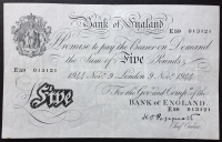 A CLASSIC  BRITISH “WHITE FIVER” ...This is a tidy & clean example of the famous Wartime £5 Note. Serial No. E59 013121 of 9th November 1944. Chief Cashier K.O. PEPPIATT .