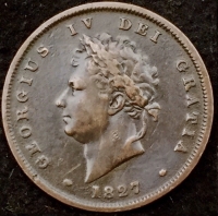 AN EXCESSIVELY RARE GEORGE IV “1827” PENNY. CLASSIC RARITY OF THE COPPER SERIES. ENTIRE ISSUE SHIPPED TO THE CONVICT COLONIES OF AUSTRALIA AT BOTANY BAY (Sydney) & SWAN RIVER (Perth)