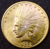 A Scarce and Attractive  UNITED STATES of AMERICA 1932 “INDIAN” $10 Gold “Eagle”. Weight 16.718 gms & Containing .48375 Ounce Pure Gold.
